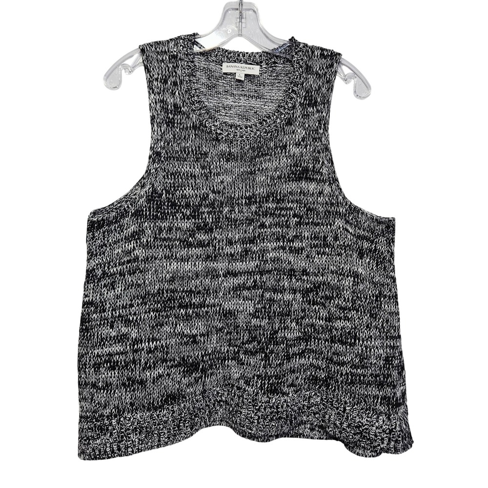 Banana Republic Women Black White 100% Linen Knit Sweater Tank Top Large Coastal